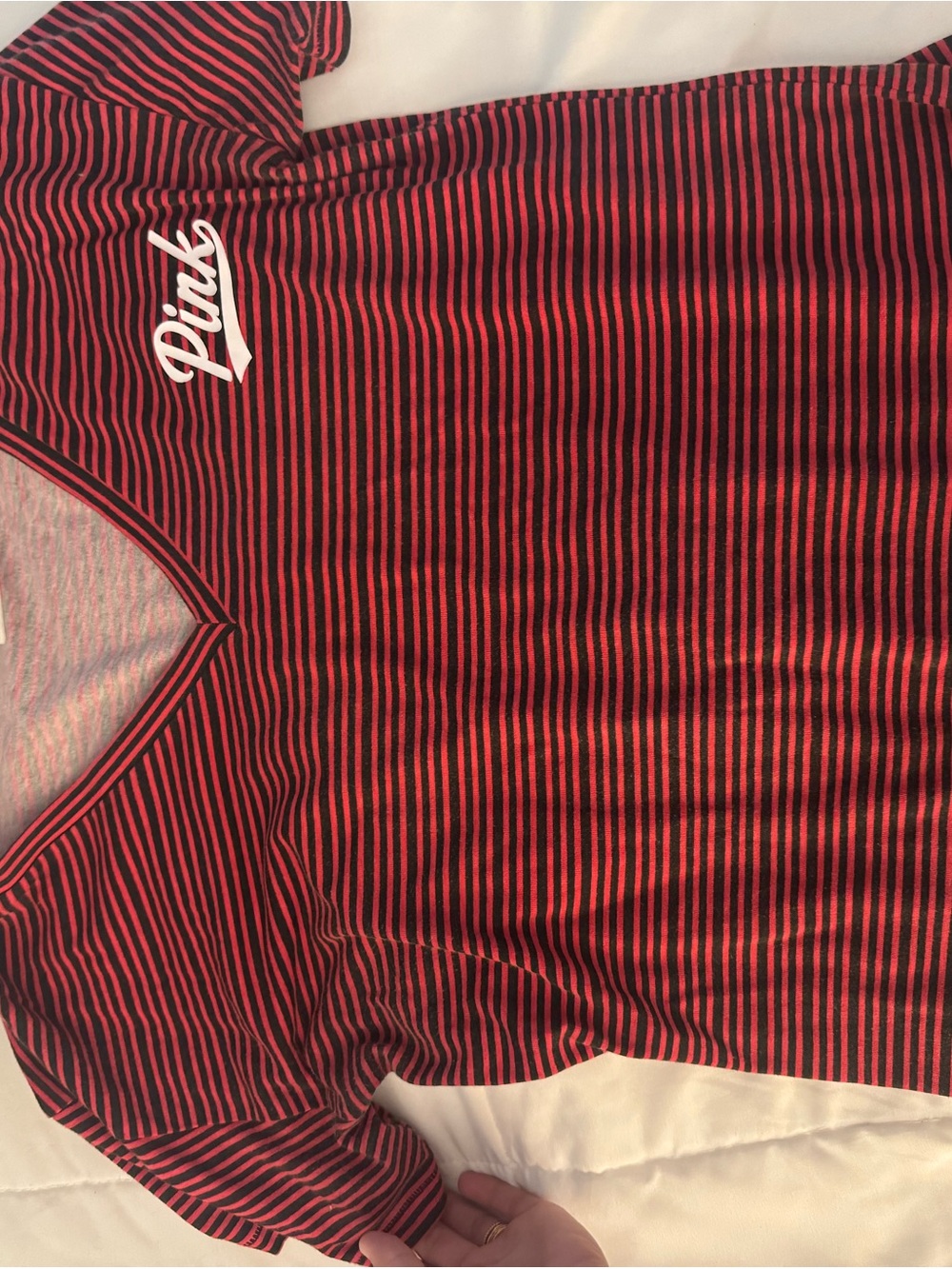 PINK Victoria's Secret Black and Red Striped V-Neck Tee